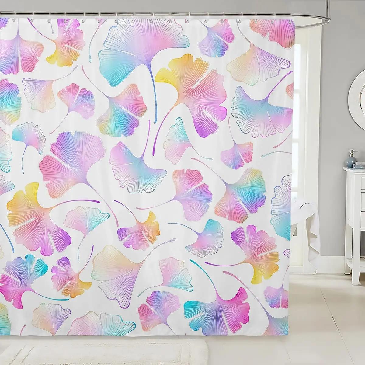 Green Ginkgo Biloba Shower Curtain Gold Ginkgo Leaves Modern Bathroom Shower Curtains Set Waterproof Botanical Bath Curtain Sets W90xH180cm