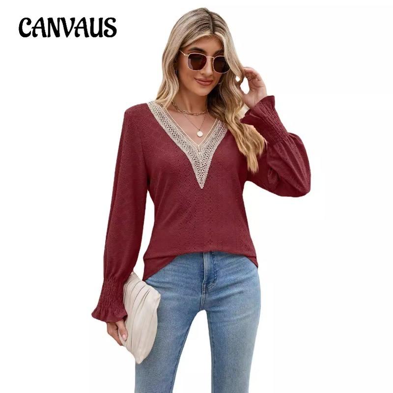 Spring and Autumn Women's T-shirt Tops Jacquard Chiffon Shirt Lace Stitching Long Sleeve Loose V-neck Blouse for Women