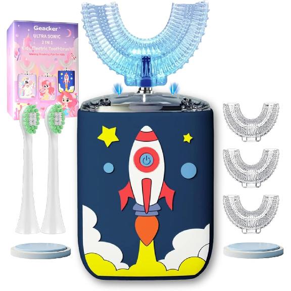 Kids Electric Toothbrush U Shaped Ultrasonic Automatic Toothbrush with 5 Brush Head 6 Clean Modes IPX7 Waterproof Whole Mouth Rechargeable Smart