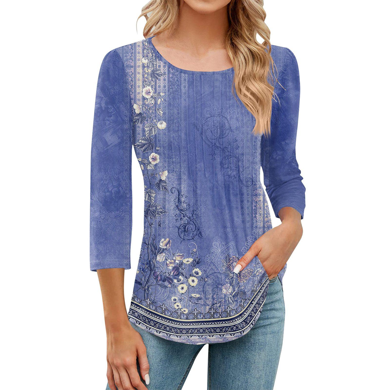 

Женская модная повседневная плиссированная футболка с круглым вырезом и принтом в стиле досуга с рукавом семь четвертей XL