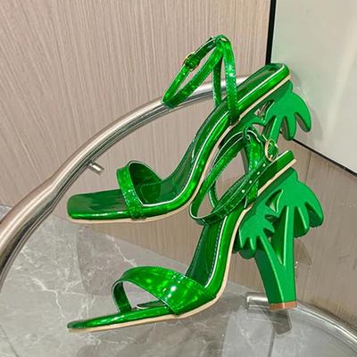 Liyke Sexy Ankle Strap Women's Fretwork Heels Sandals Summer Fashion Green Patent Leather Square Toe Party Stripper Shoe Size 42