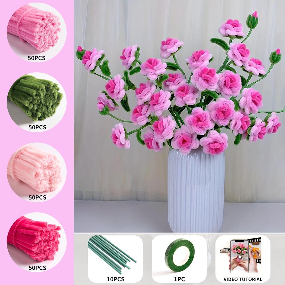 211 Mehrköpfiges Rosen-Pfeifenreinigerset, bestehend aus 200 Pfeifenreinigern, 10 Blumendrahtstielen, 1 Rolle Klebeband, verbessertes DIY-Bastelset