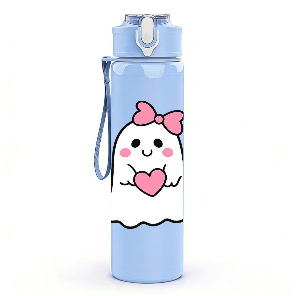 1PC Small Cute Ghost Cartoon Print 750ml Color Plastic Sports Water Bottle Leakproof Flip Straw Lid Suitable for Sports Office Home Use