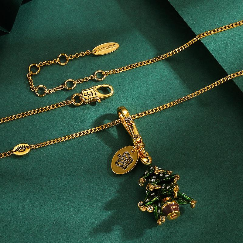 Elegant Green Christmas Tree Pendant Keychain Necklace with Enamel and Diamond Inlay.