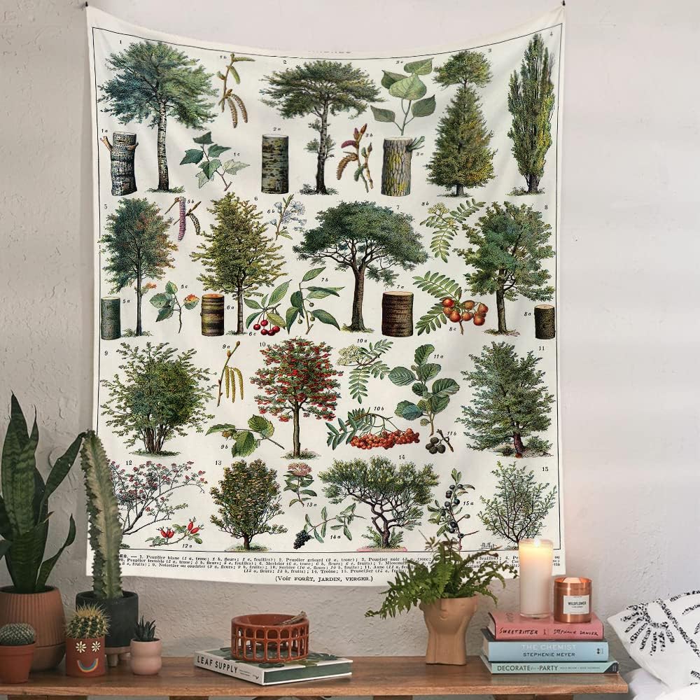 Vintage Lebensbaum Wandteppich Pflanzen Blätter und Blumen Wandteppich Hängend Vertikal Natur Identifikation Referenz Wandteppiche