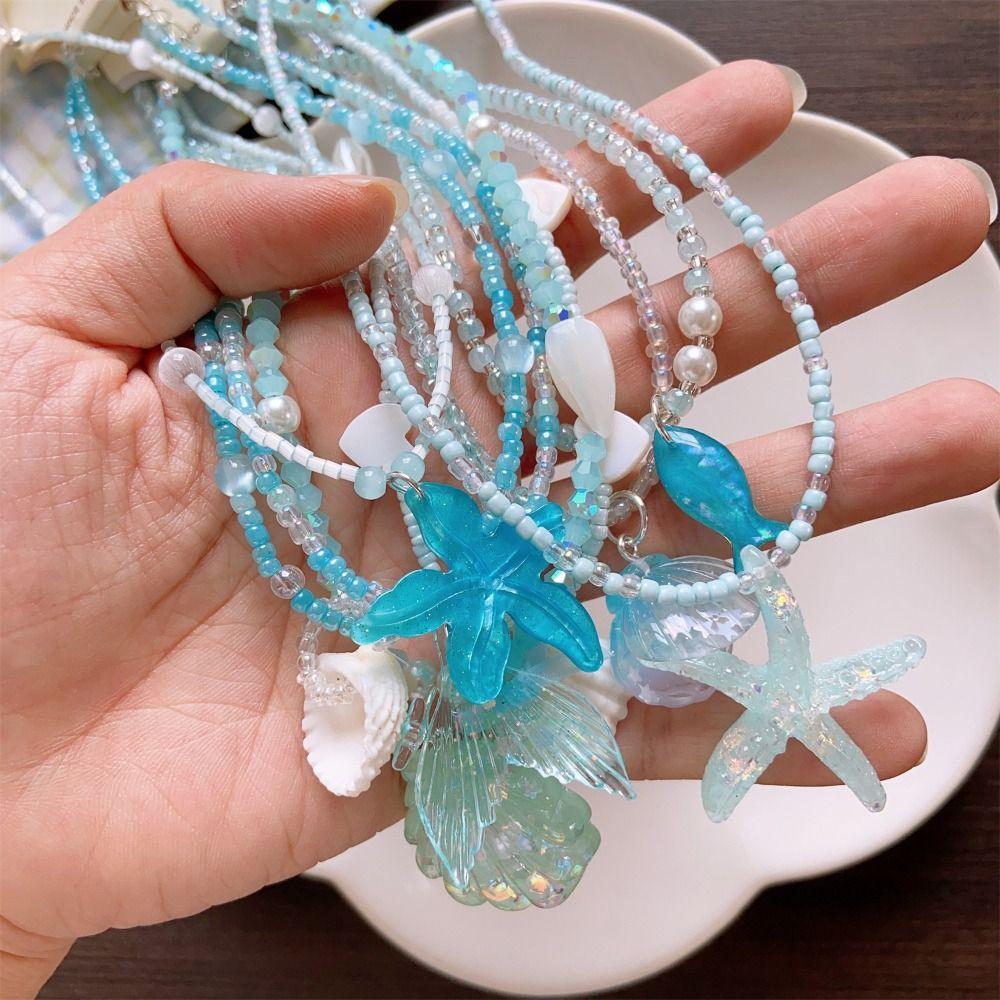 Lightweight Beaded Necklace Blue Beaded Starfish Choker Sweet Shell Necklace  Beach Vacation