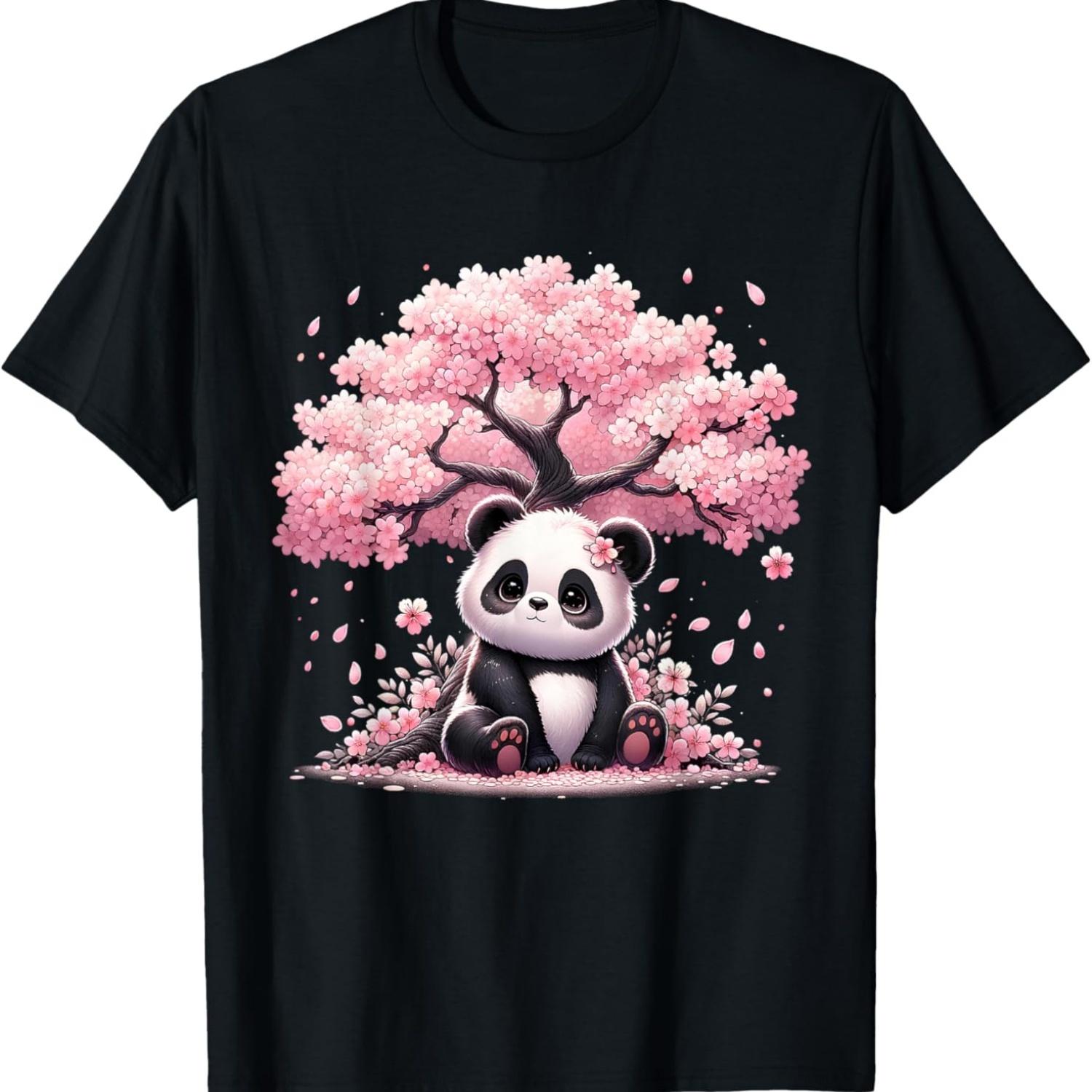 Kawaii Panda Cherry Blossom Flower Sakura Tree T-Shirt S чёрный