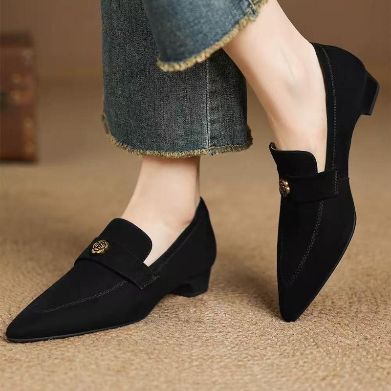 Fashion 2025 New Sheep Suede Elegant Spring Shoes Chunky Heels Oxford Shoes Slip on Business Casual Women Metal Flowers Loafers Pumps