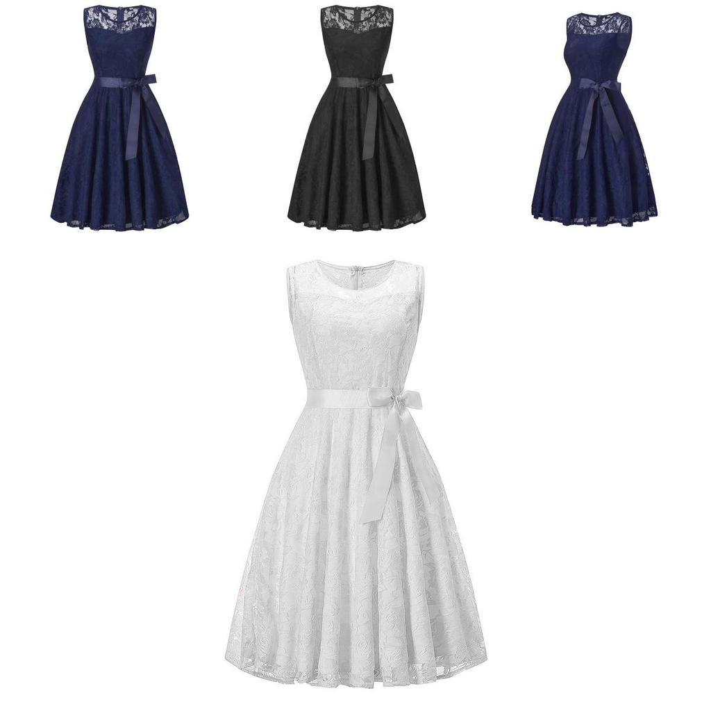 Elegant Round Neck Sleeveless Lace Stitching Retro Dress With A Large Belt And Slim Swing Skirt