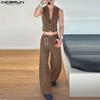 INCERUN Two Pieces Men Sleeveless Striped Cropped Waistcoat and Long Straight Pants Sets