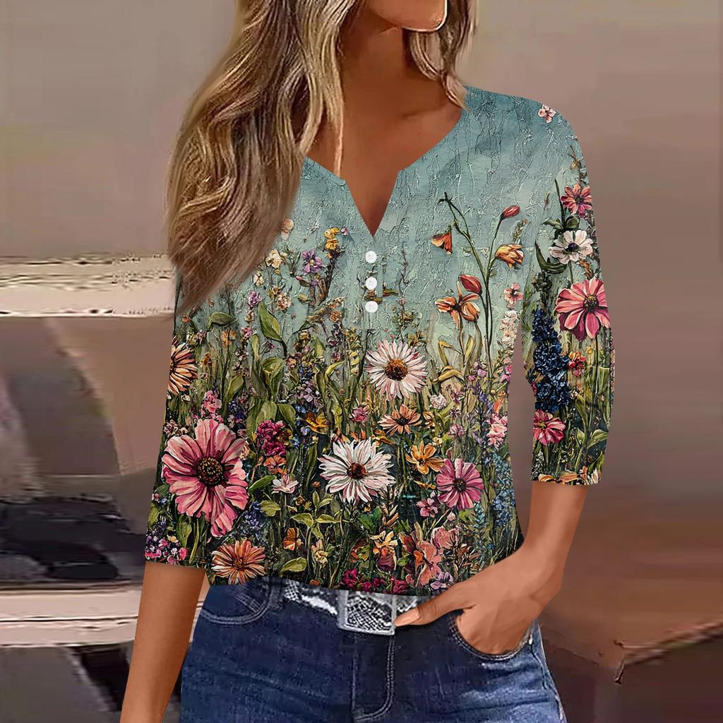 Women's T Shirt Tee Print Button  3/4 SleeveDaily Weekend Fashion Basic V- Neck Regular Top