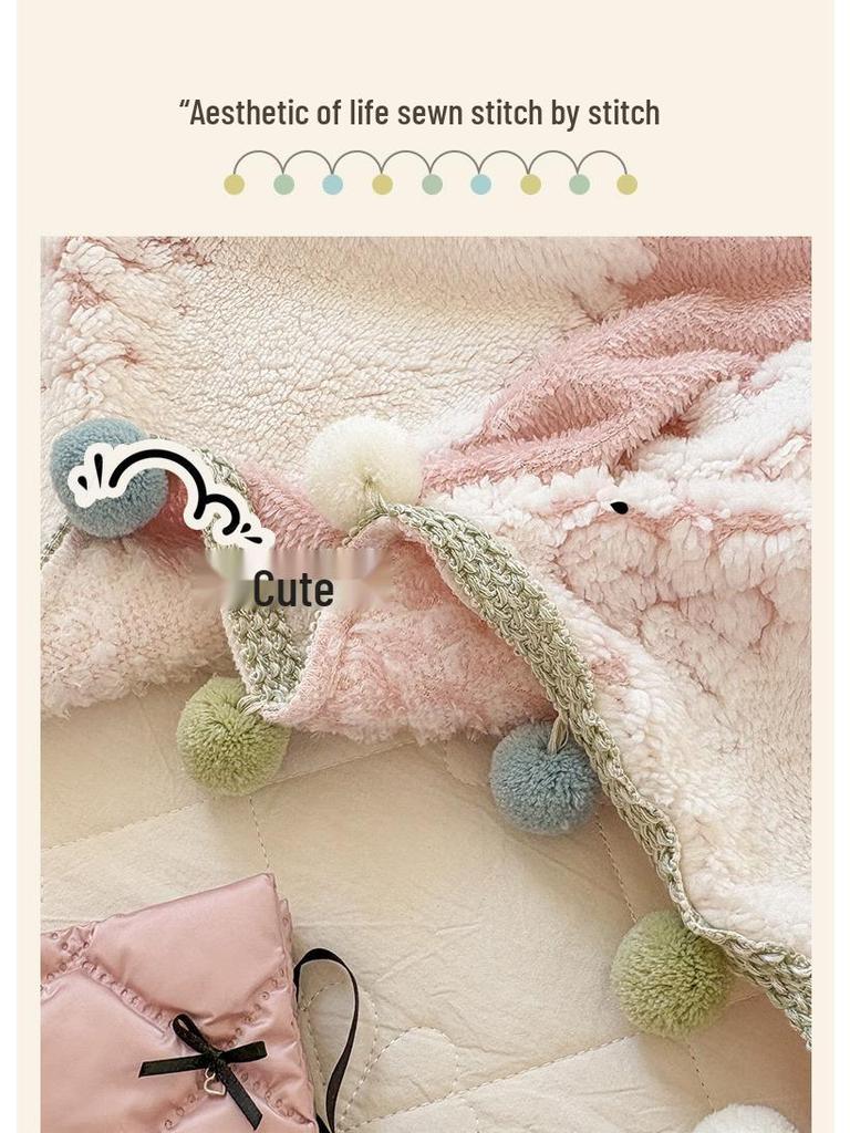 250G Two-Color Cationic Jacquard Throw Blanket with Small Handmade Pom-Poms