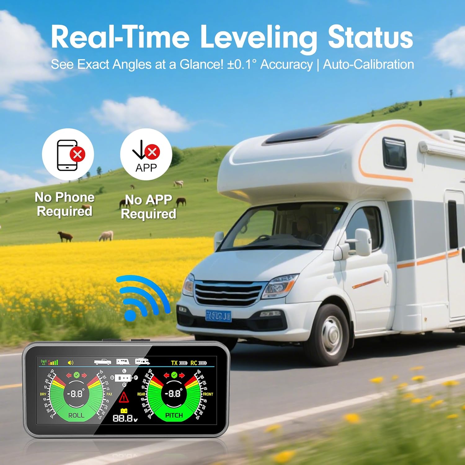 

GEARGO Система выравнивания для RV - Умный беспроводной уровень для трейлеров, Простота установки и оповещения в реальном времени, Обязательные аксессуары для кемперов (Приложение не требуется)