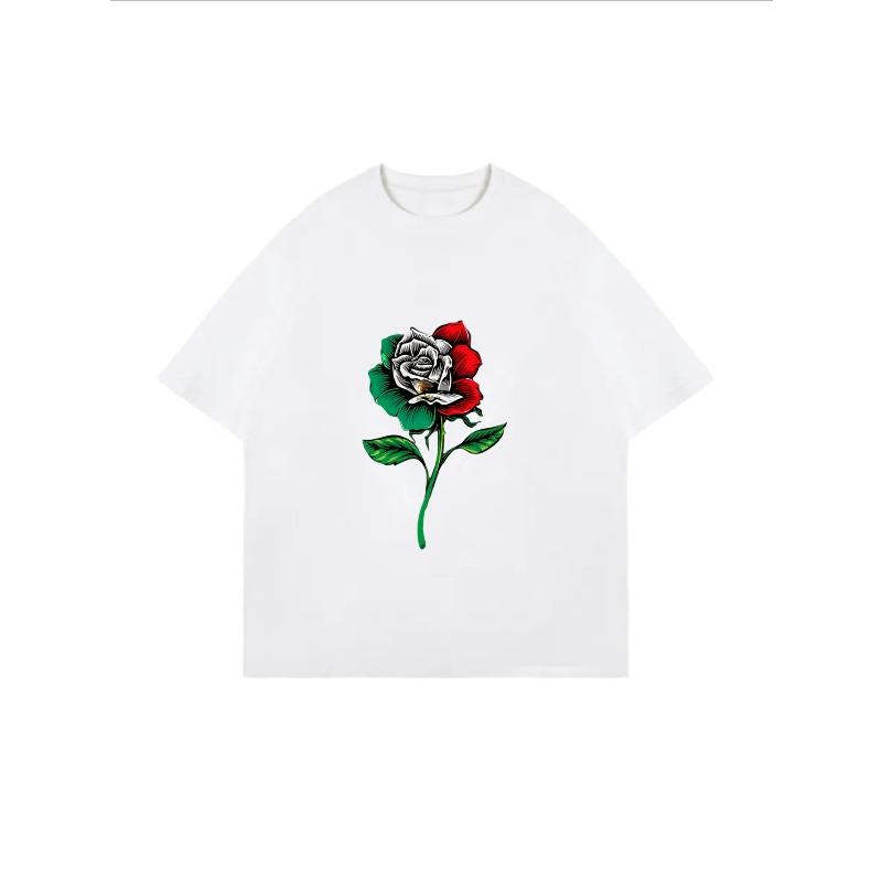 White Oversized T-Shirt With Rose Flower Print For Casual Wear