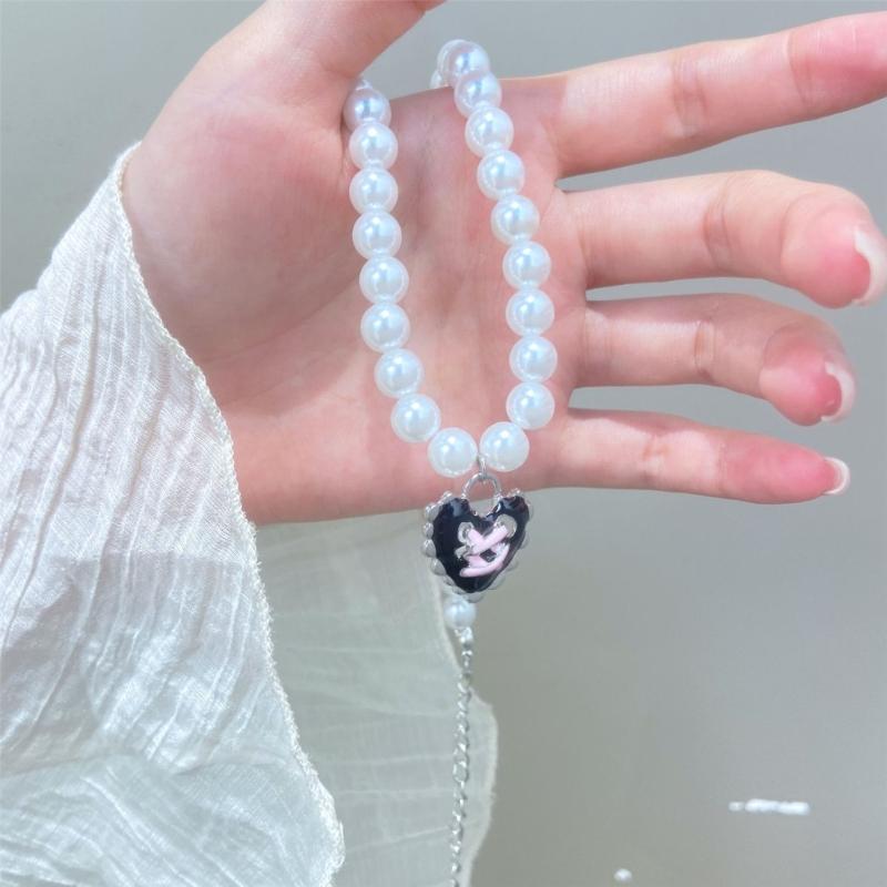 Imitation Pearl Beaded Choker Adjustable Length Neckchain Accessory for Ladies Heart/Crucifix/Cats Pendant Necklace