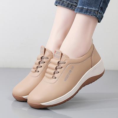 Women Platform Loafers Casual Elegant Leather Khaki Sneakers Thick Sole Height Increase Shake Shoes Large Size
