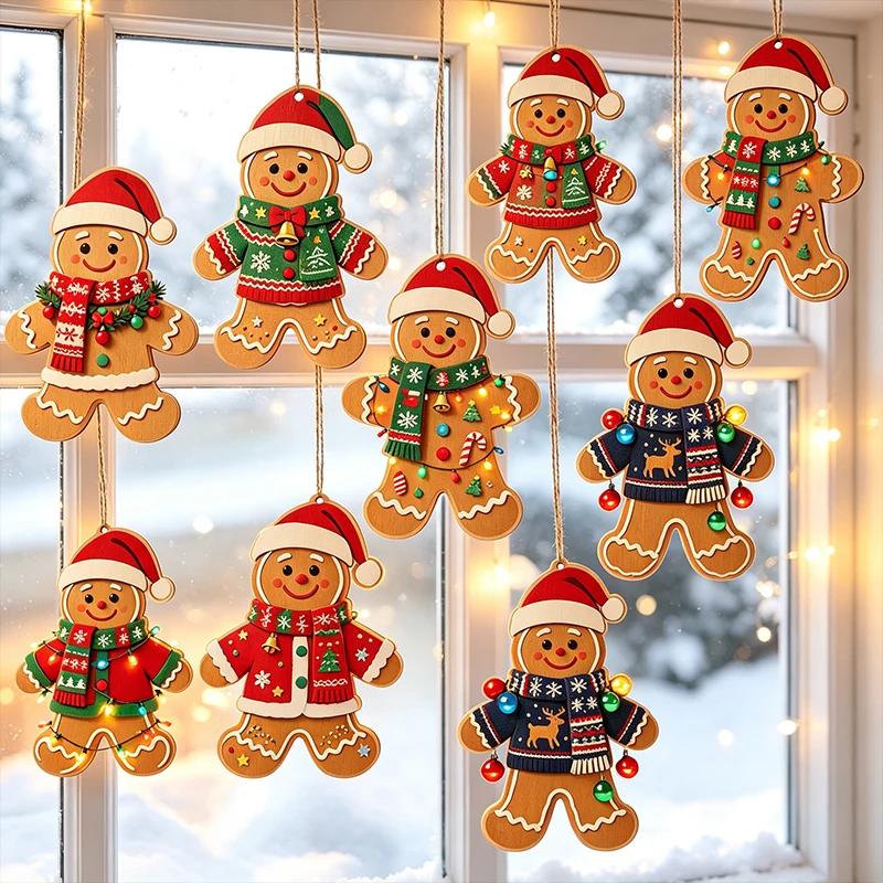 Christmas Gingerbread Man Pendants Cute Cartoon Wooden Gingerbread Man Hanging Ornaments Home Party Xmas Tree DIY Crafts Decor