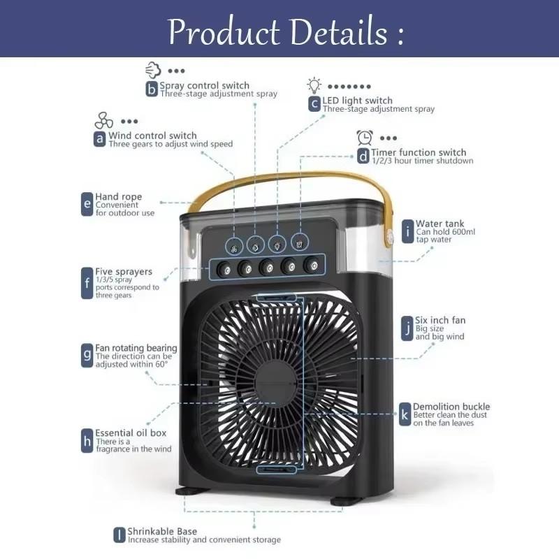 3 In 1 Portable Mini Air Cooler Fan Household Air Conditioner with LED Night Light & Humidifier for Home Office Home Air Cooler