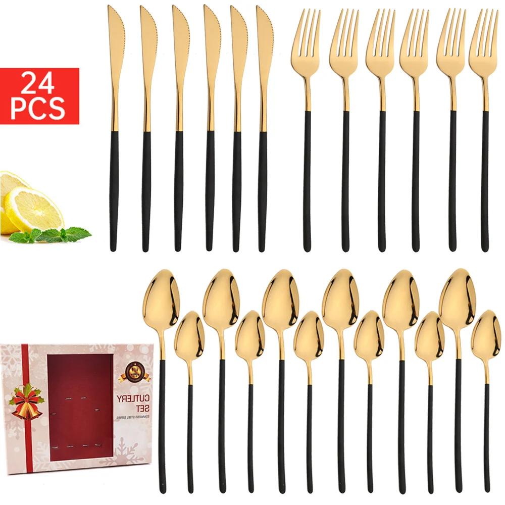 24Pcs Christmas Dinnerware Set Stainless Steel Tableware Knife Fork Dessert Spoon Flatware Black Western Kitchen Cutlery Gift