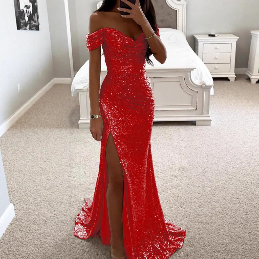 Europäisches & Amerikanisches One-Shoulder Pailletten-Schlitzkleid - Damen Freizeit Party Mode