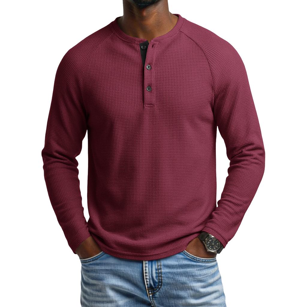 Men's Round Neck Long Sleeve Raglan T-Shirt with Button Placket for Casual Athletic Everyday Wear