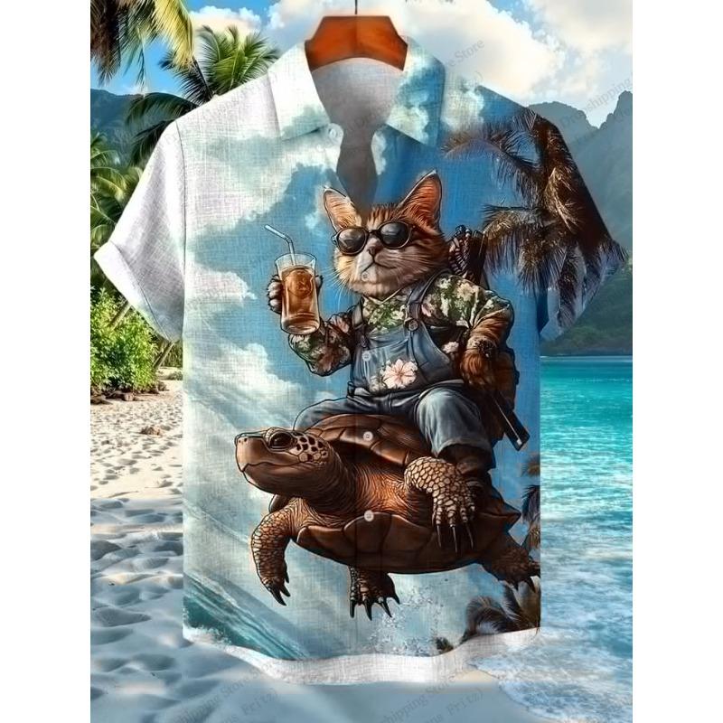 Modisches Herren Sommer Hawaiianhemd Vintage Kalligraphie Katze Dinosaurier 3D Druckhemd Kurzarm Lässige Strandhemden