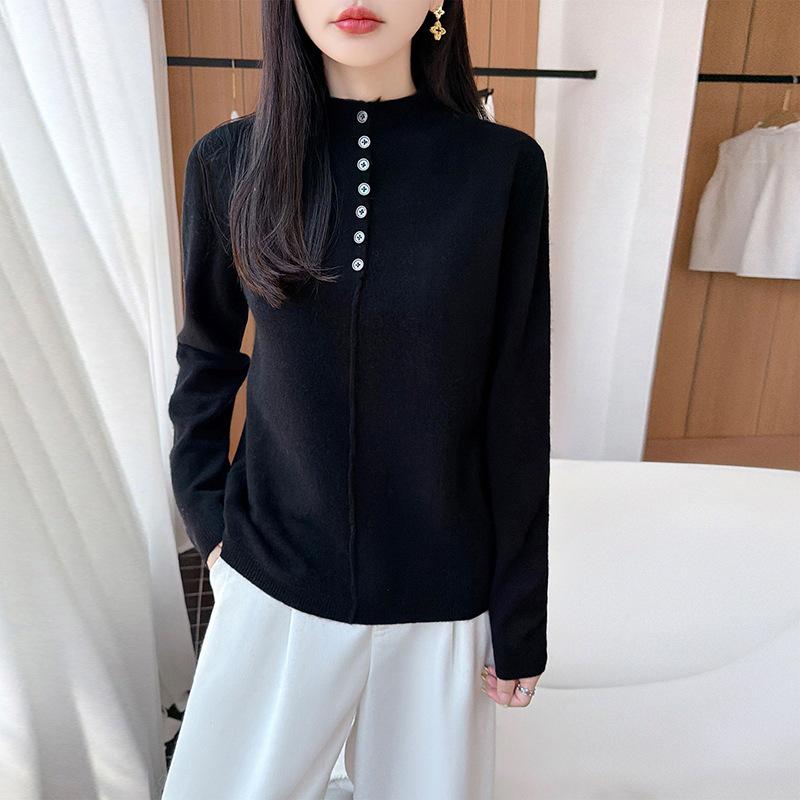 2026 Women's Pure Wool Half-High Neck Button-Up Knit Sweater