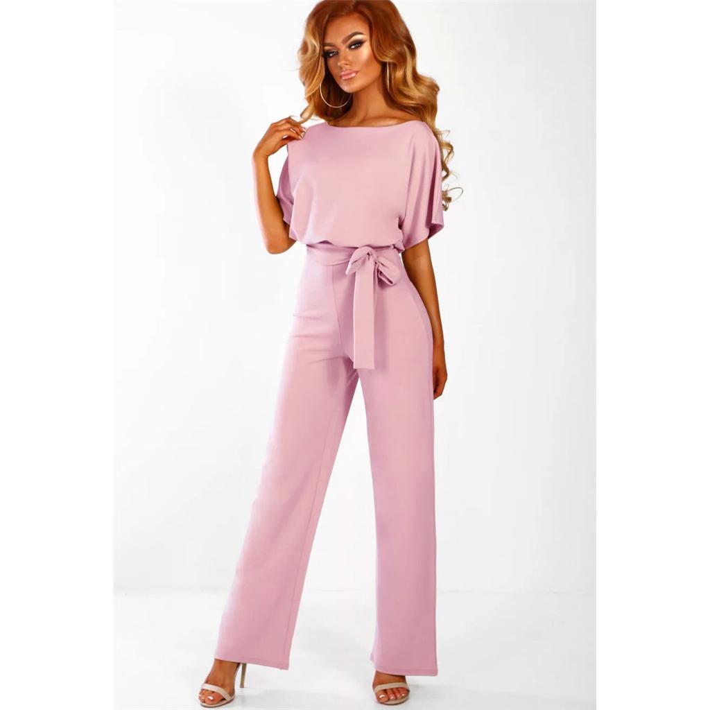 Women's clothing summer Jumpsuit, Elegant Short Sleeve Hollowed Waist Tie Solid Summer Wide Leg Pants