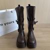 Winter Vintage Punk Style Woman Knee High Boots Fashion Belt Buckle Slip On Shoes Female Thick Bottom Knight Long Booties Shoes