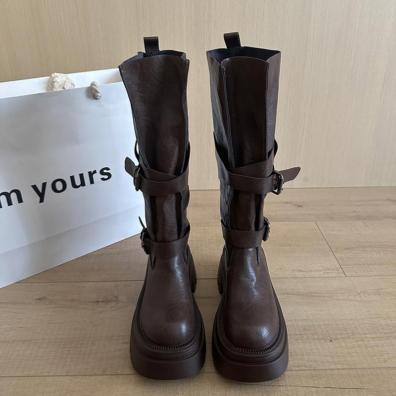 Winter Vintage Punk Style Woman Knee High Boots Fashion Belt Buckle Slip On Shoes Female Thick Bottom Knight Long Booties Shoes