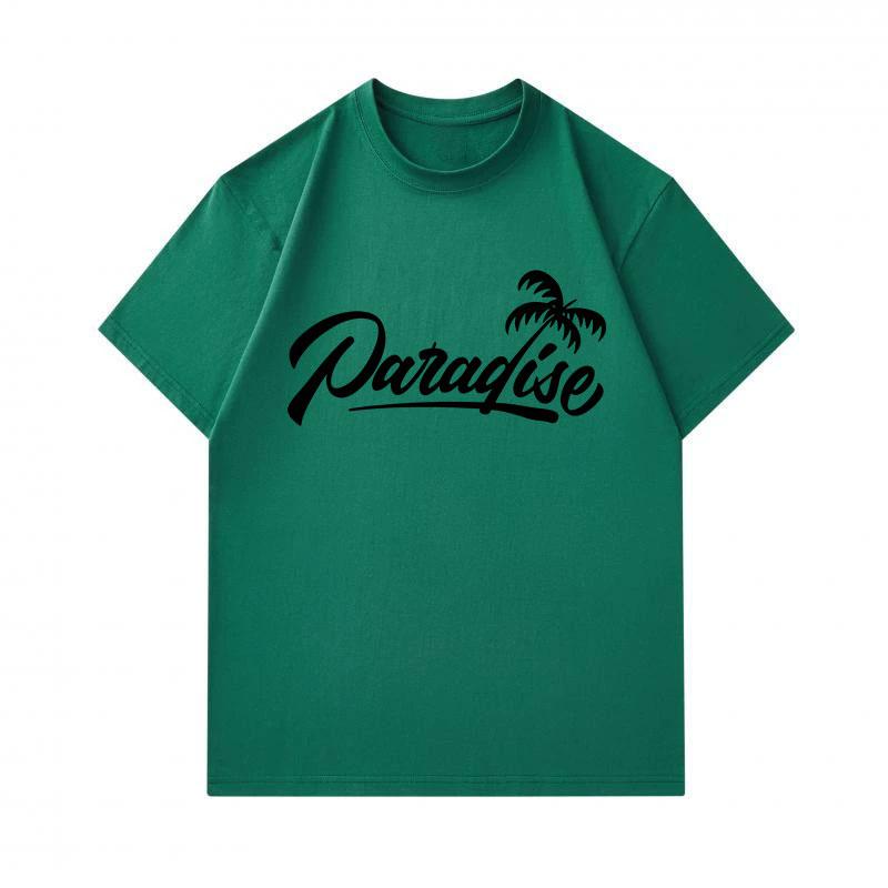 Men's 100% Cotton Crew Neck Short Sleeve T-Shirt, Casual Paradise Palm Tree Cursive Graphic Print Soft Breathable Summer Tee for Daily Outdoor Wear
