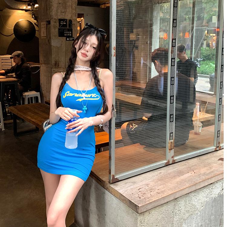 Slim-fit Hip-wrapped Short Skirt American Sexy Season Retro A-word Spice Girl Slim Backless Print Suspender Dress Female Summer