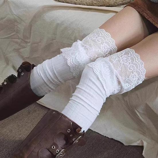 Lace Thigh High Socks Women Over-the-Knee Socks with Lace Cuffs Stretchy Long Stockings Boot Socks for Girls Cosplay Dating