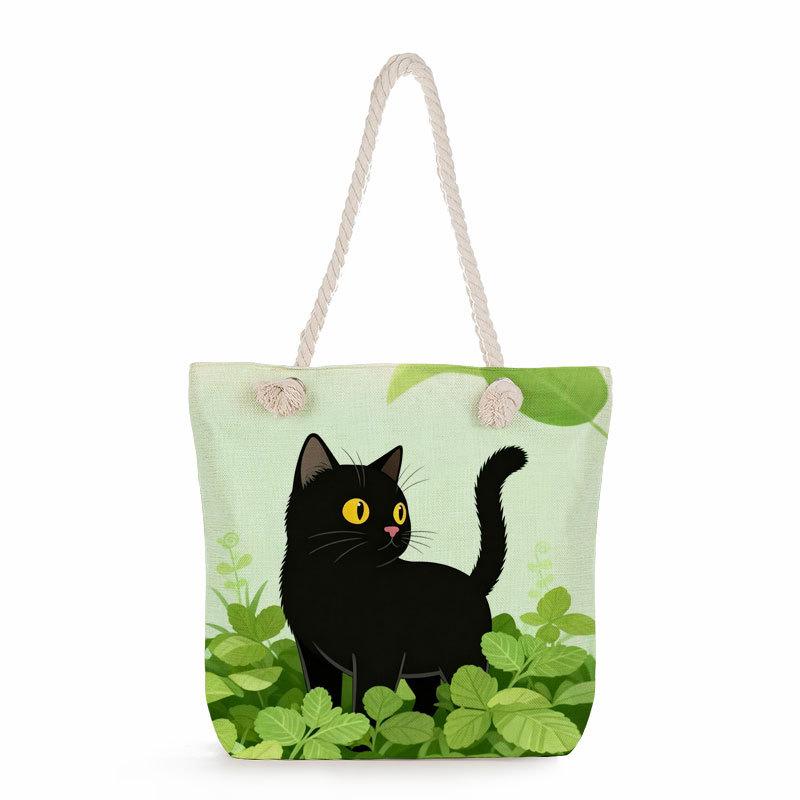 Multifunctional Black cat  Printed Thick Rope Shoulder Beach Bag 7579