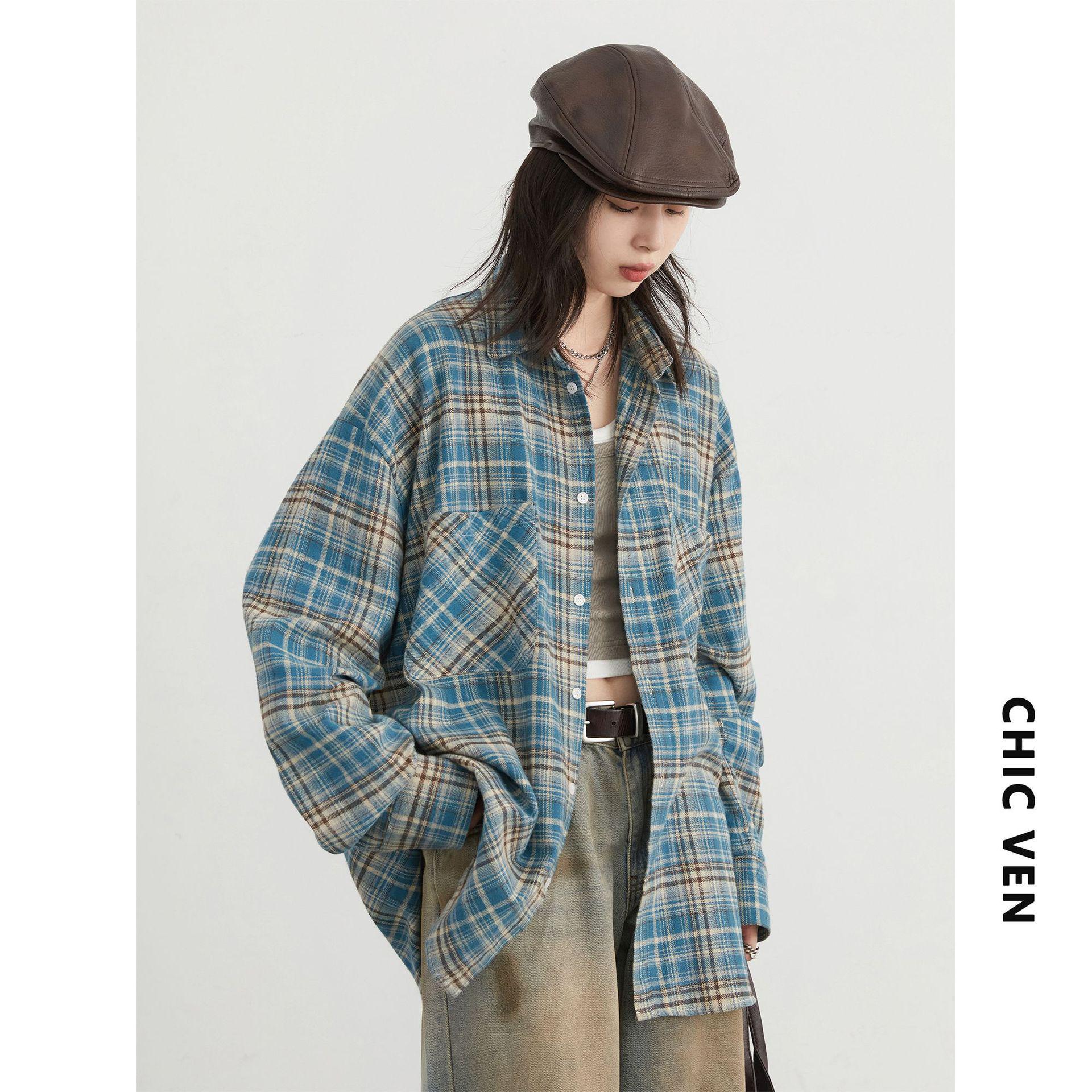 

American Retro Plaid Cotton Shirt with Turn-Down Collar S