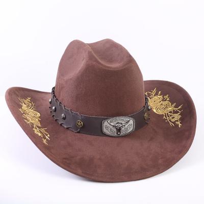 Popular European and American Classic Suede Western Cowboy Hat Men's and Women's Big Brim Embroidered Outdoor Sun Hat