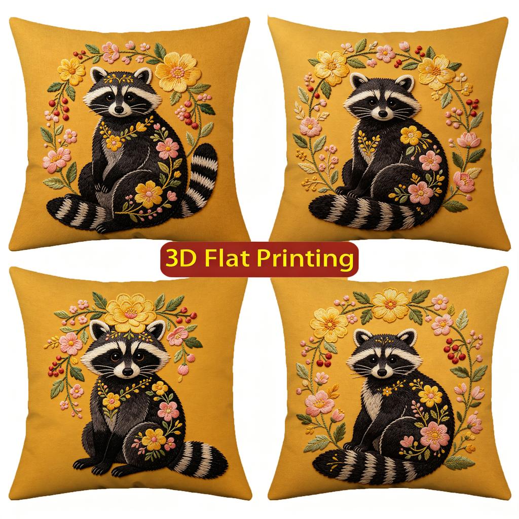 Floral Raccoon Embroidery Style Throw Pillow Covers Pattern Cushion Cover Suitable For Sofa Bedroom Car Pillow Cover