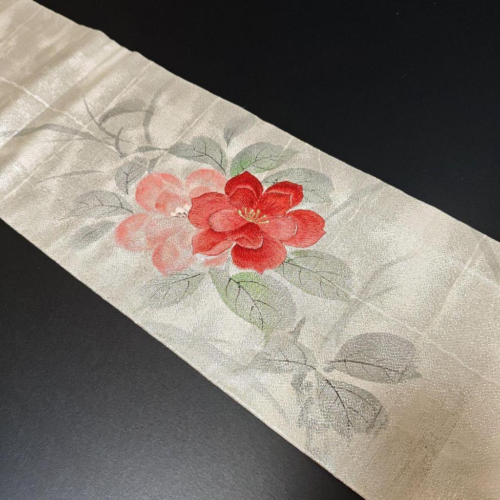Used H-703 Nagoya Obi Made In Nagoya, Pure Silk, 9 Inches, Hand Embroidered, Hand-painted Flower Pattern, Signature Included
