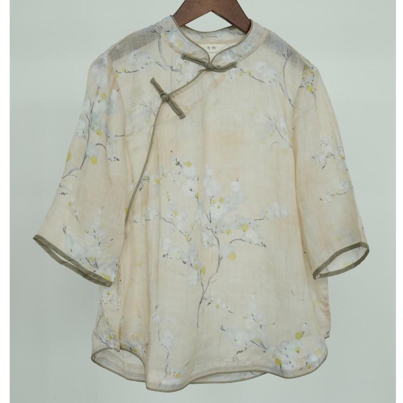 

Johnature Женские рубашки в китайском стиле, топы с цветочным принтом и пуговицами, блузки с семью рукавами, летние винтажные рубашки One Size бежевый