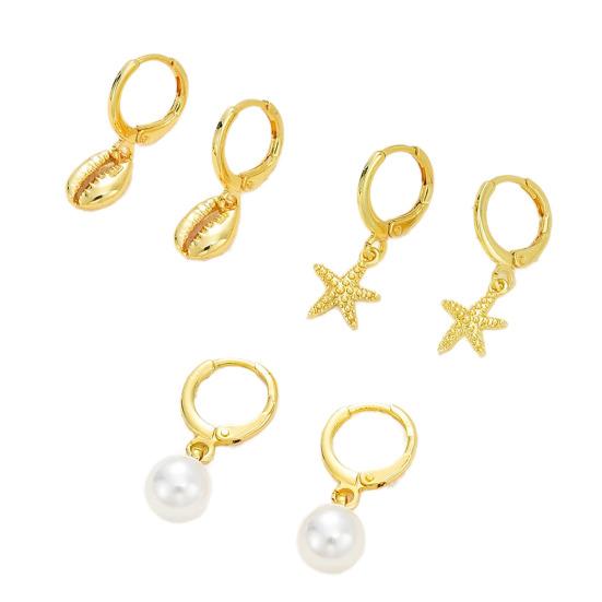 3 Pairs Women Coastal Hoop Earrings Starfish Seashell Faux Pearl Charm Dangle Hoop Earrings Summer Beach Earrings for Holiday Daily золотистый