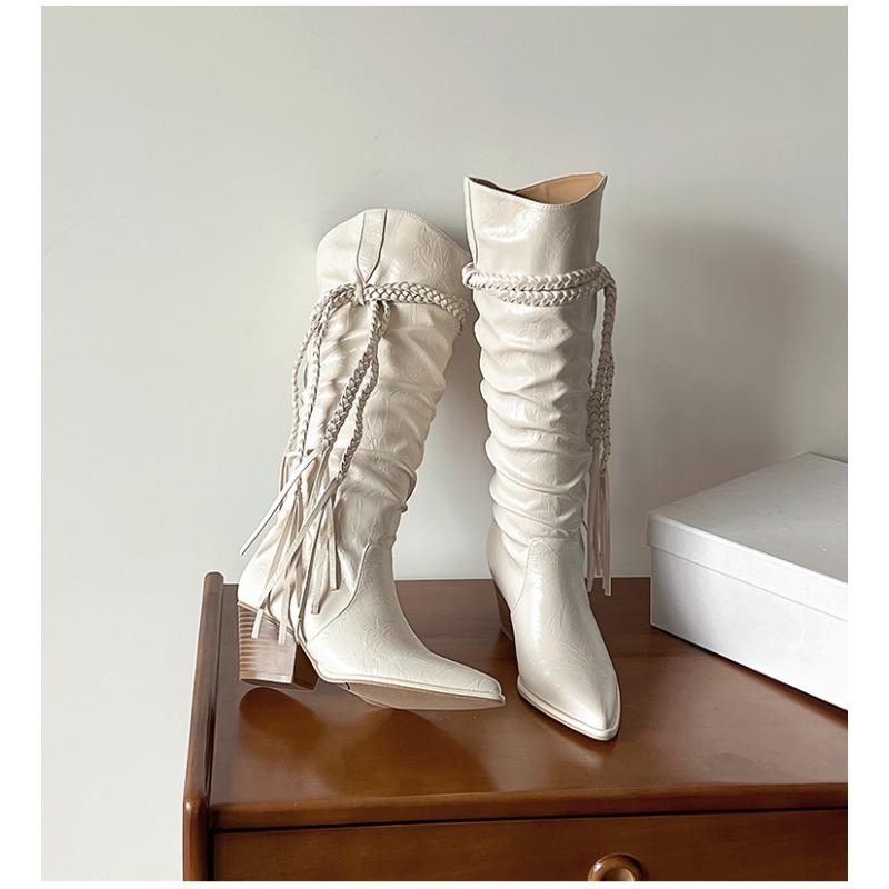 Neuer Stil Luxus Damenmode Vintage Ritterstiefel Herbst Winter Damen Braune Quaste Mid-Calf Stiefel Große Größe Mujer