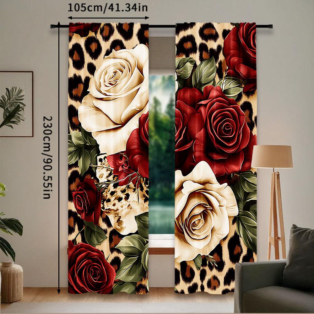 Set Of 2 Leopard Curtain Red White Rose Floral Women Lover Romantic Botanical Bedroom Living Room Dining Curtains Made Polyester Great Window