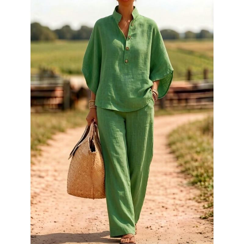 Women's Solid Color Half Placket Stand Collar Half Sleeve Shirt Wide Leg Pant Linen Two Piece Pant Suit