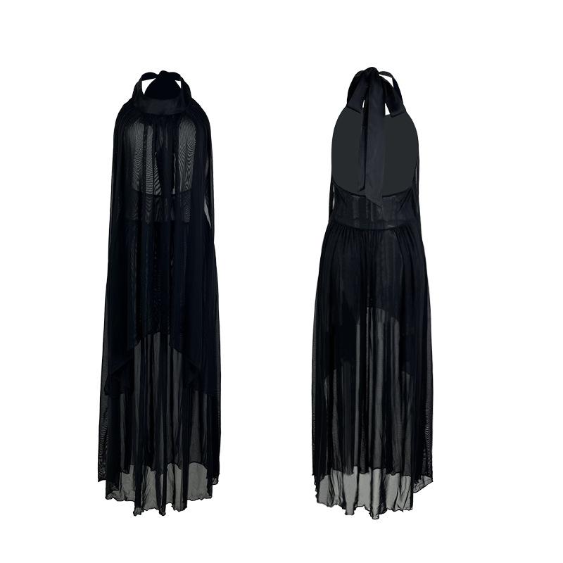 Halter Backless Mesh Nightgown Solid Color Sheer Sexy Women's Loungewear 907 Elegant Daring Sleepwear with Classic Halter Neckline