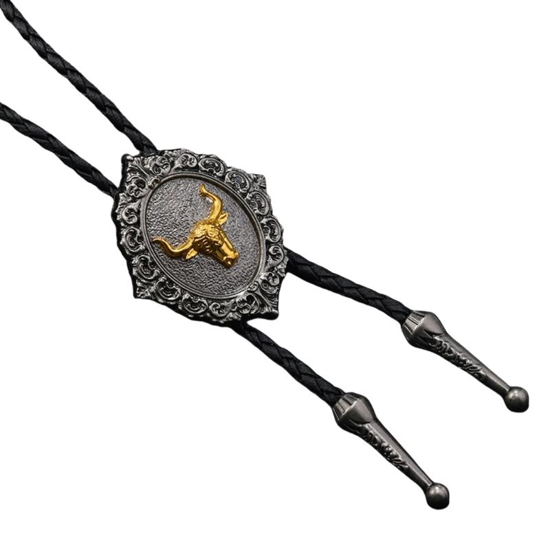 Mens Adjustable Leather Cord Bolo Tie with Enamel Metal Badge Pendant Western Rodeos Outfit Shirt Chain Necktie Necklace