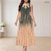 Women Plus Size Round Neck Triple Keyhole Cutout Sleeveless Abstract Printed Long Dress