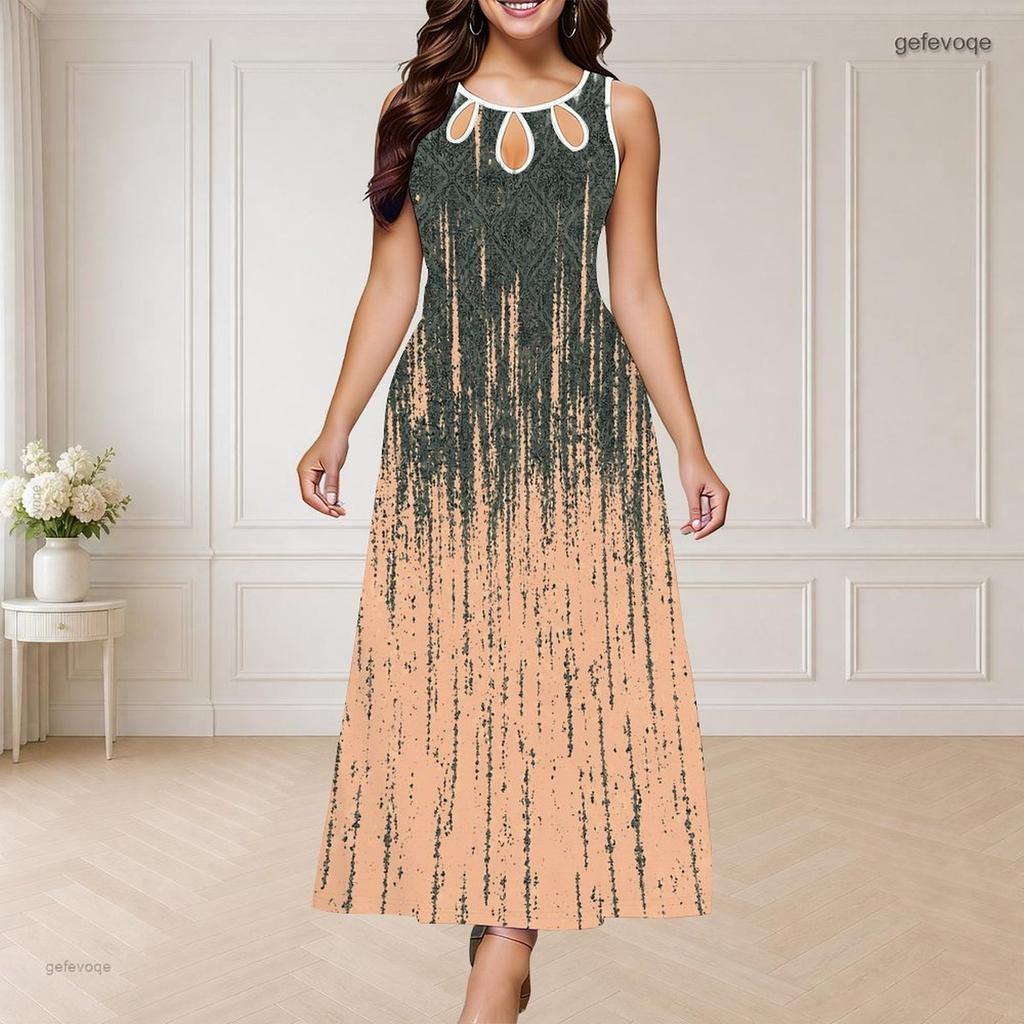 Women Plus Size Round Neck Triple Keyhole Cutout Sleeveless Abstract Printed Long Dress