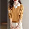 Autumn and winter new shirt collar knitted fake two-piece sweater women's fashion versatile long-sleeved knitted top bottoming shirt