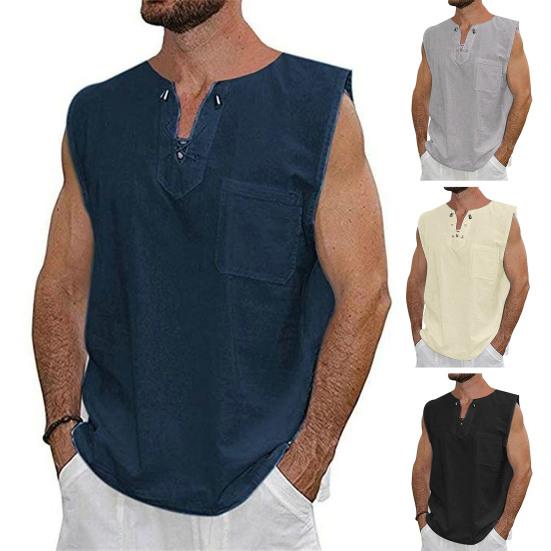 Erkekler Yaz Tankı Üstleri V Yaka Dantel-up Kolsuz Düz Renk Gömlek Tops Gevşek Yama Cep Tees Gömlek streetwear