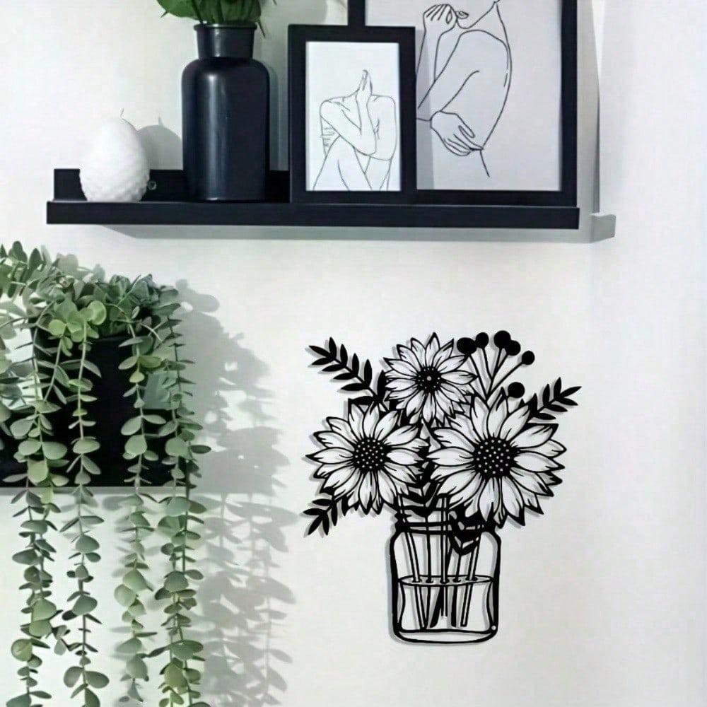 Meticulously 3 Chrysanthemums In Vase Minimalist Metal Wall Art - Modern Home Decor For Bedroom, Living Room, Or Bathroom.